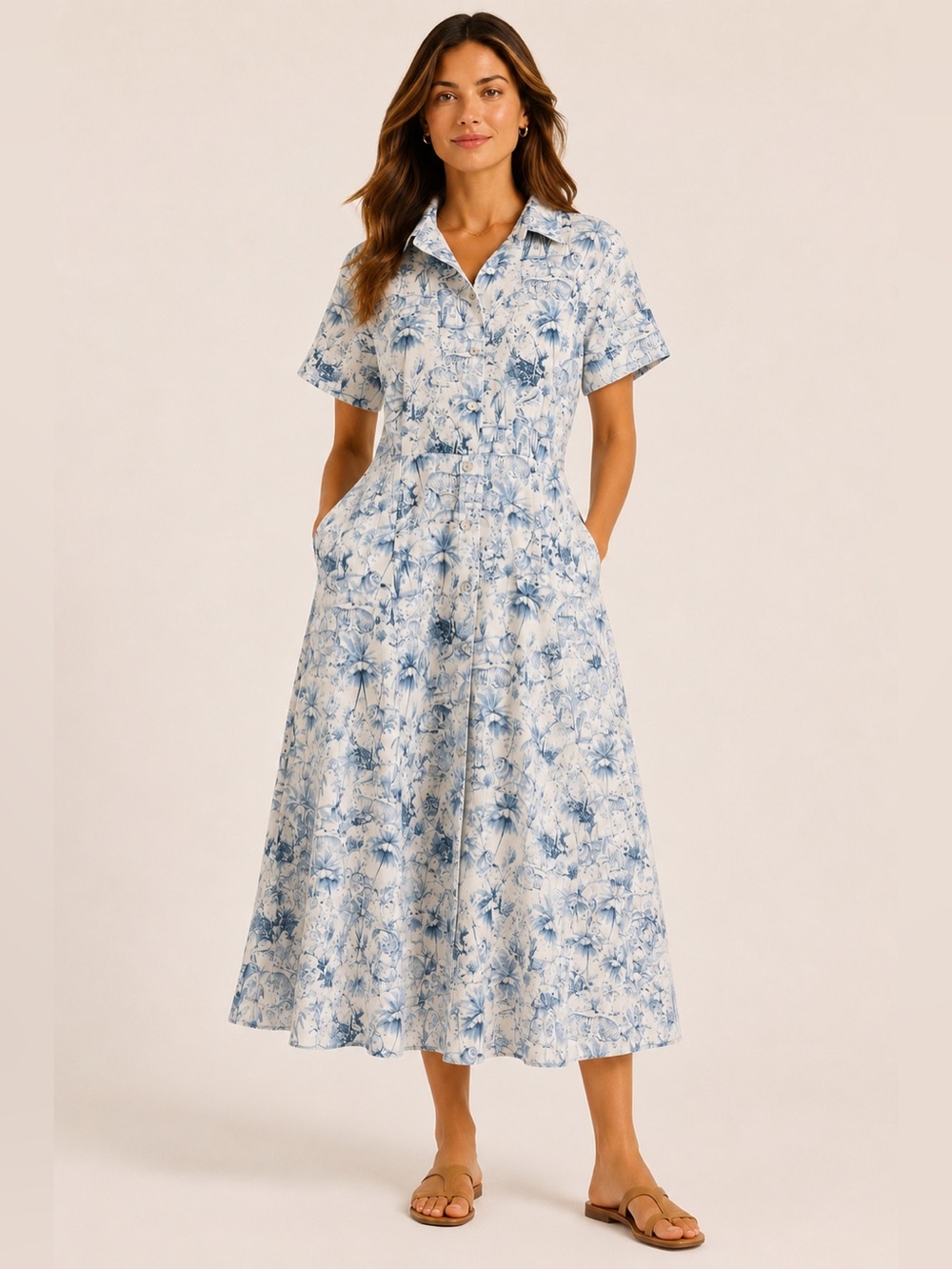 Rachel Zoe Blue Safari Toile Linen Midi Shirt Dress Lions Tigers Size L